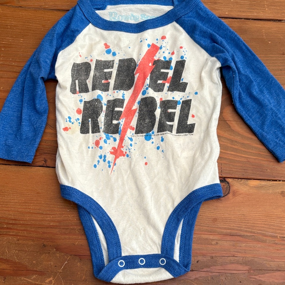 Rowdy Sprout Rebel Rebel Blue and Cream Bodysuit size 3-6 months